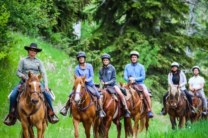 a group of people riding on the back of a horse